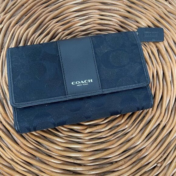COACH Signature C Black Logo Jacquard Leather TRIFOLD Wallet Change Purse Canvas - Picture 4 of 9